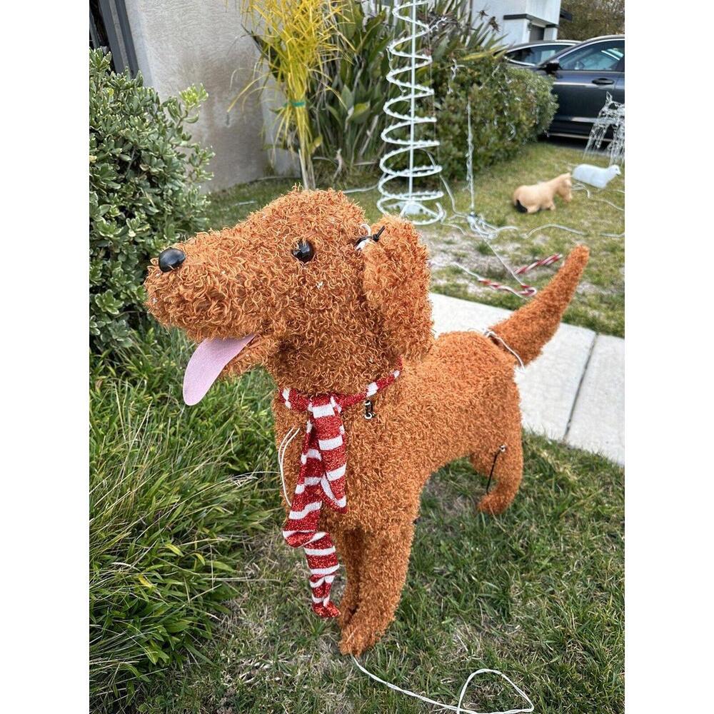 Fluffy Brown Fabric Dog With Scarf Christmas Yard Decor 3 Ft Long